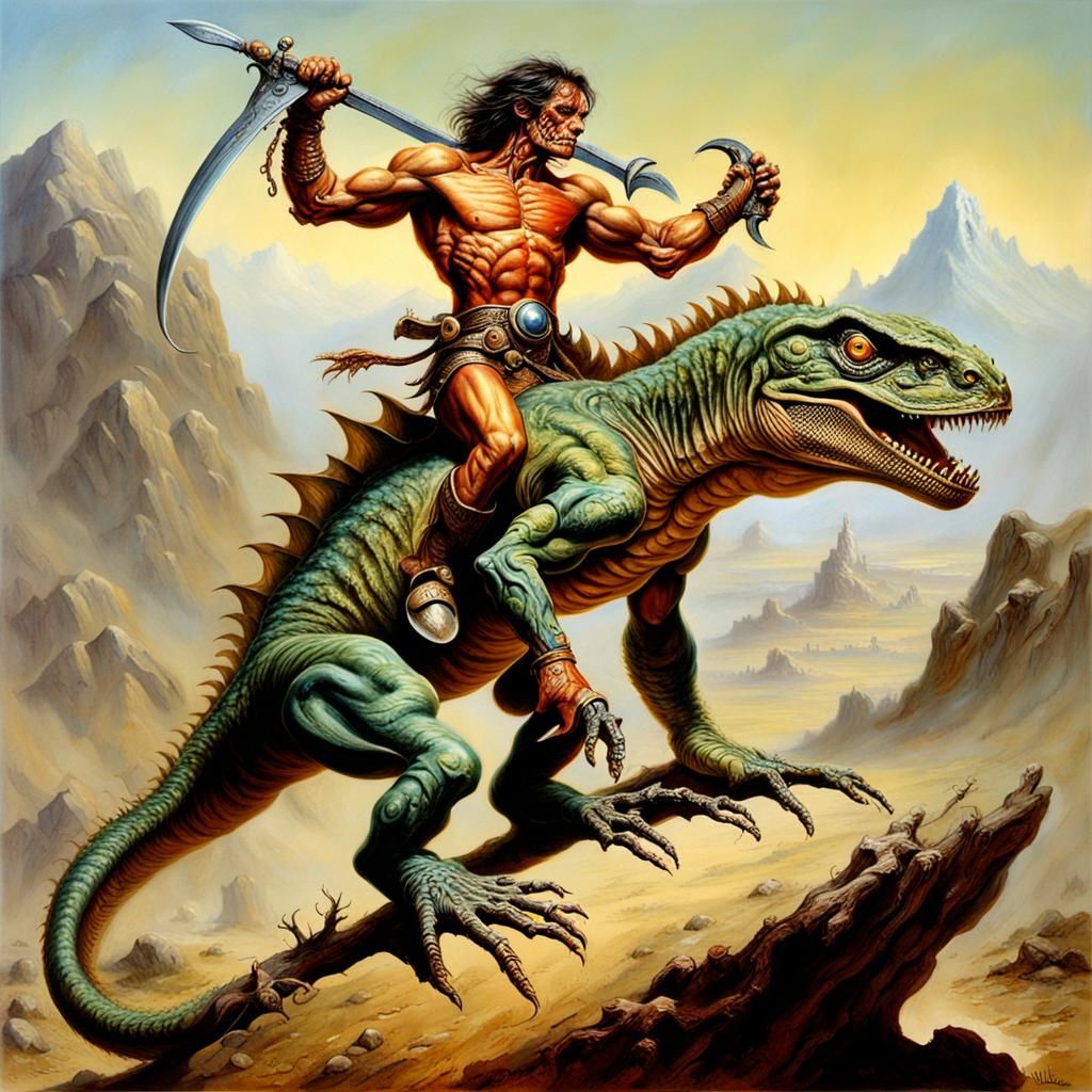 Warrior Astride Lizard in Fantasy Art Style