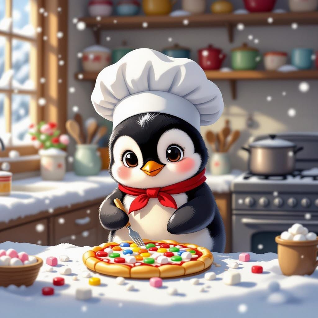 Penguin Chef Creates Candy Pizza, Ghibli Style