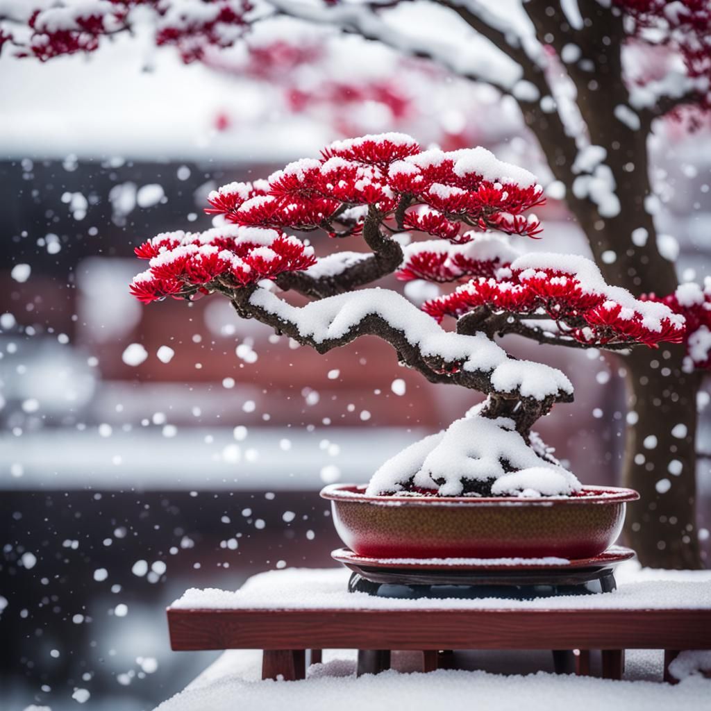 Snowy Japanese Onsen with Red Bonsai Tree