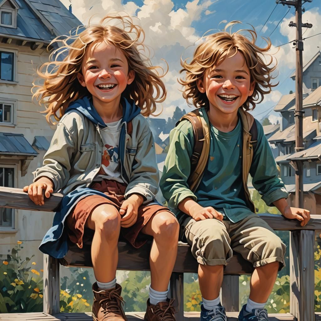 Smiling Children on Railing in Surrealist Art Style