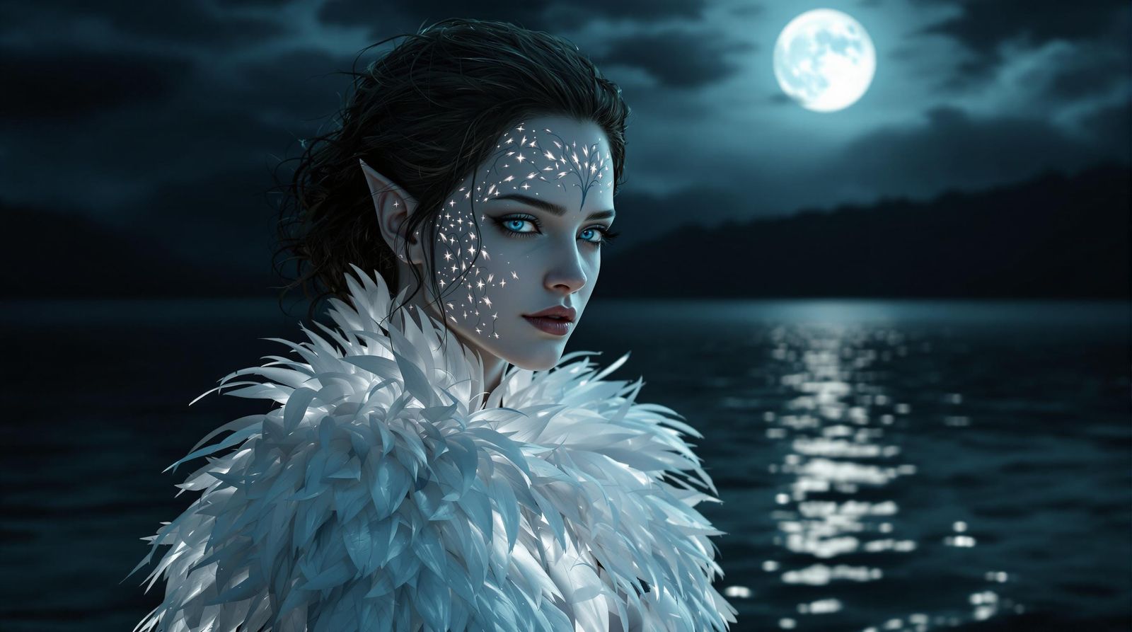 Hyper-Realistic Vampire Swan in Moonlit Lake