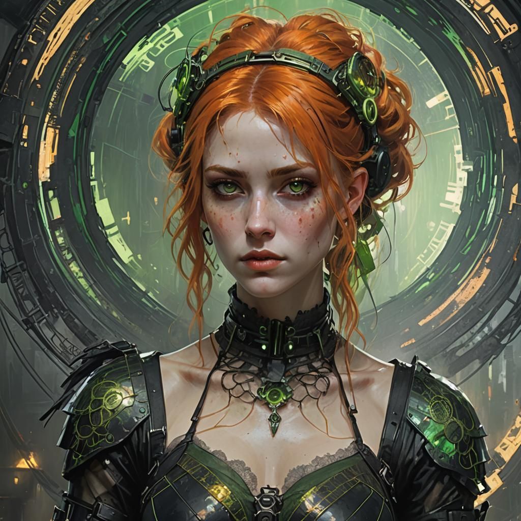 Portrait of Orange-haired Cyberpunk Girl