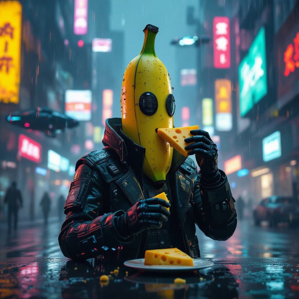 Cyberpunk Banana Man Eats Cheese in Neon City