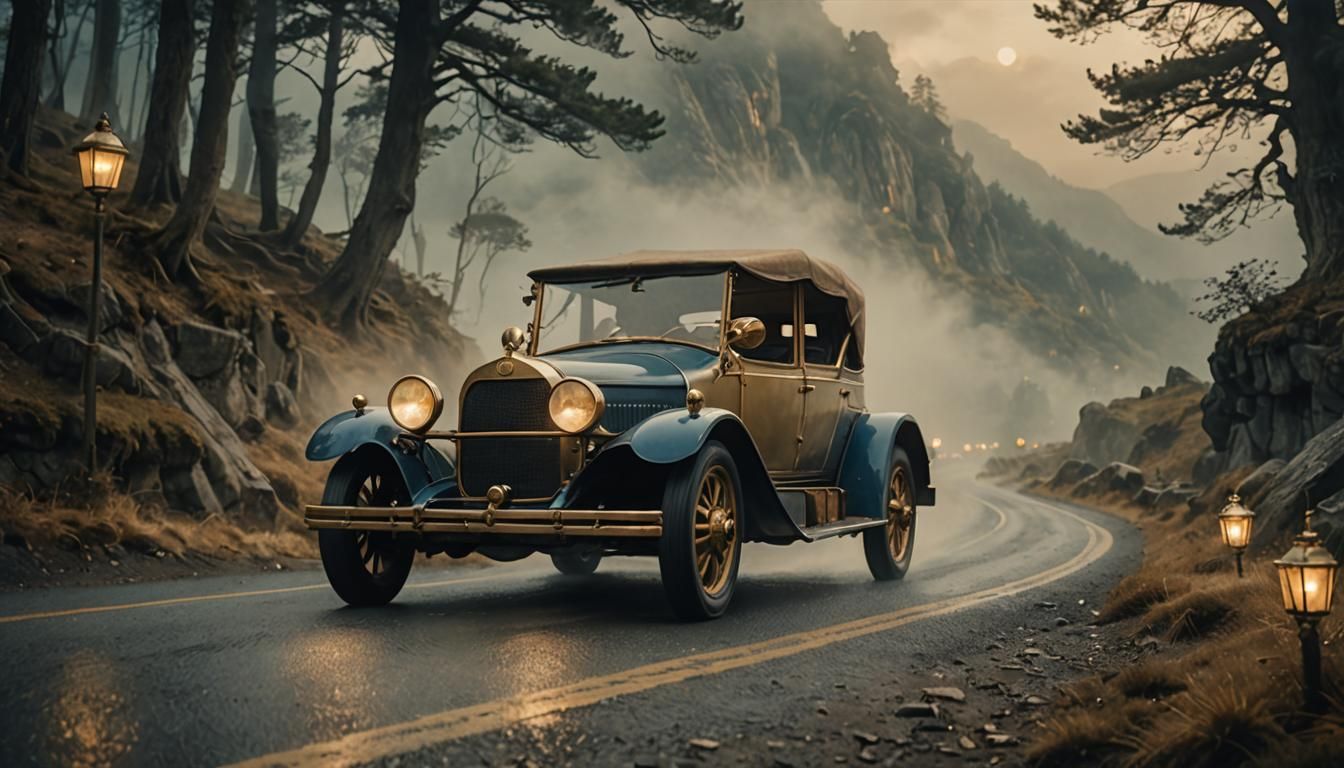 Elven Car on Misty Road in Fantasy Epic Style