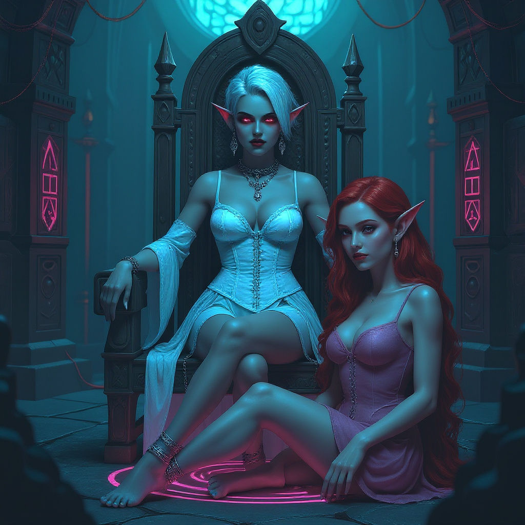 Magi-Punk Drow Sorceress in Ritual Chamber