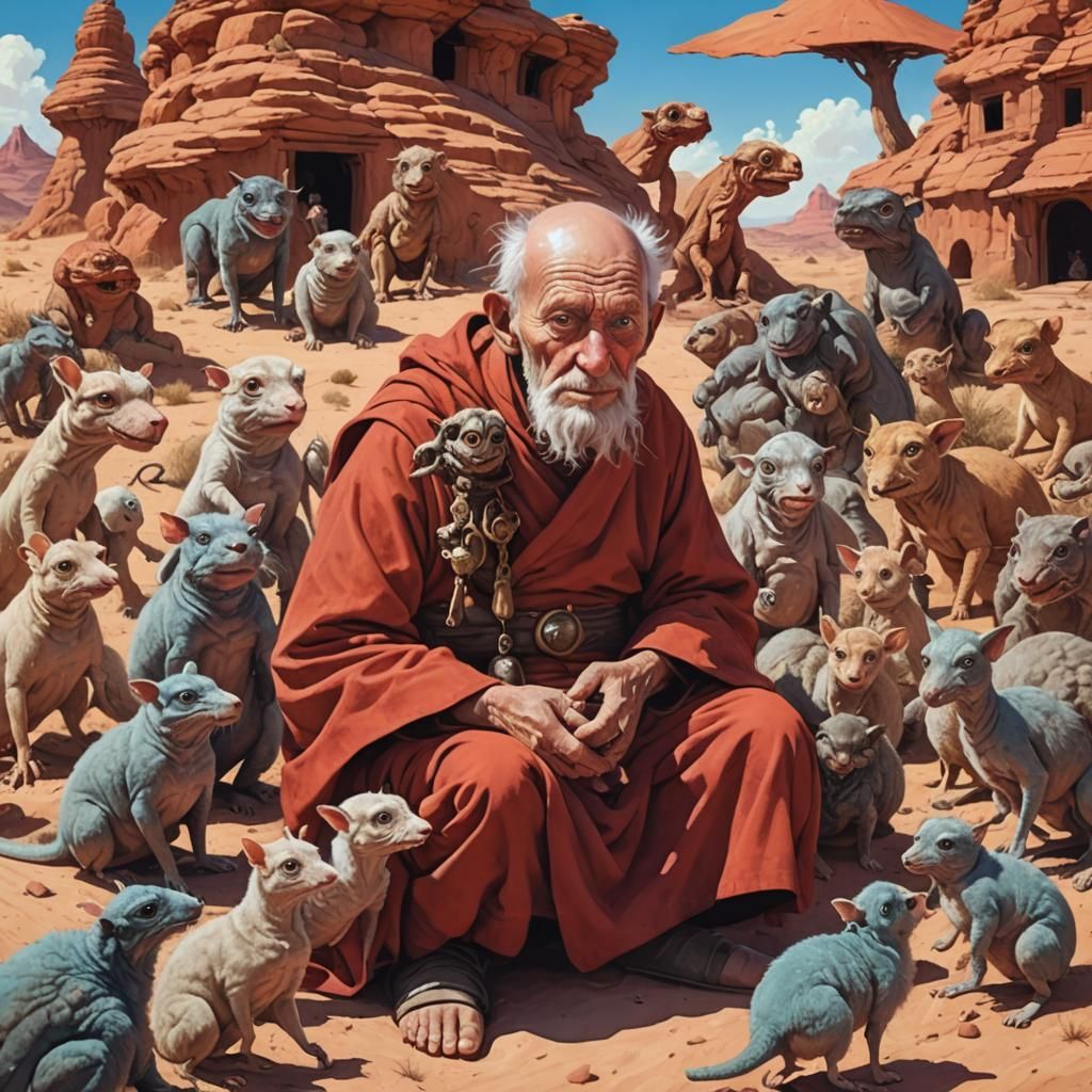 Psychedelic Desert Scene with Grotesque Creatures