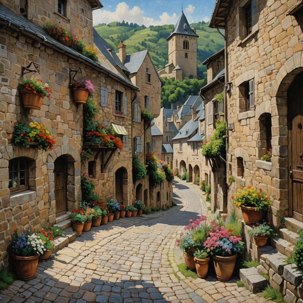 Medieval Village Street Scene as Oil Painting