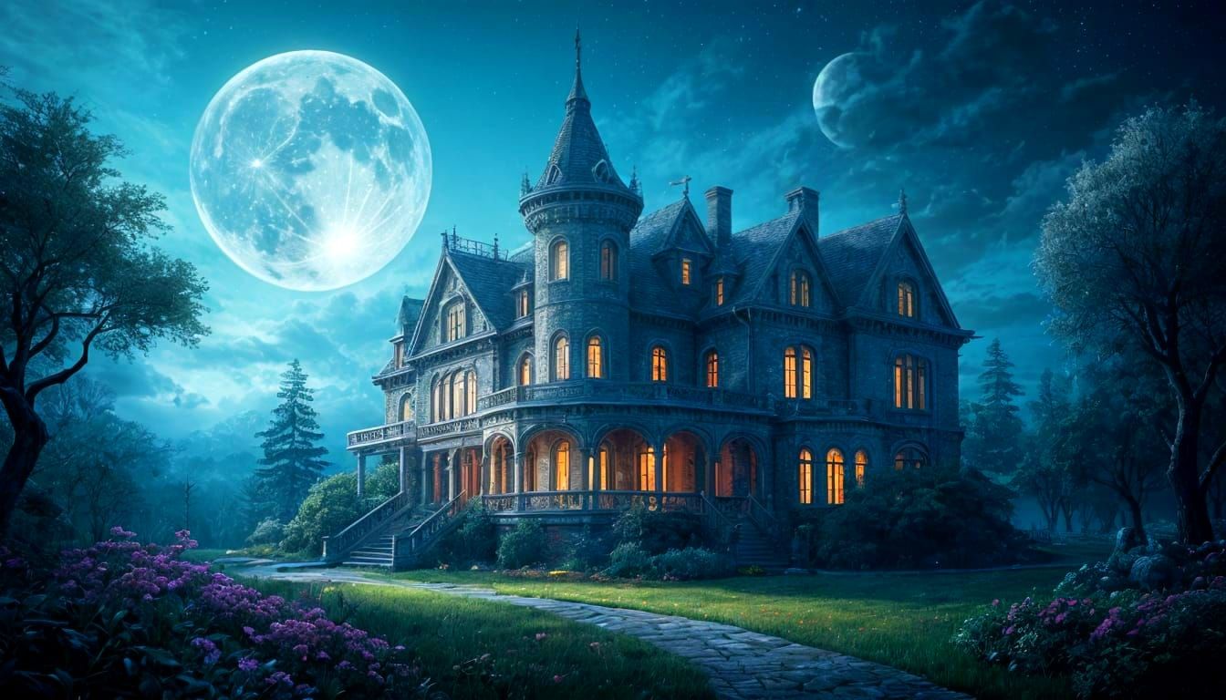 Fantasy Manor in Starry Night Sky: Sfumato Style