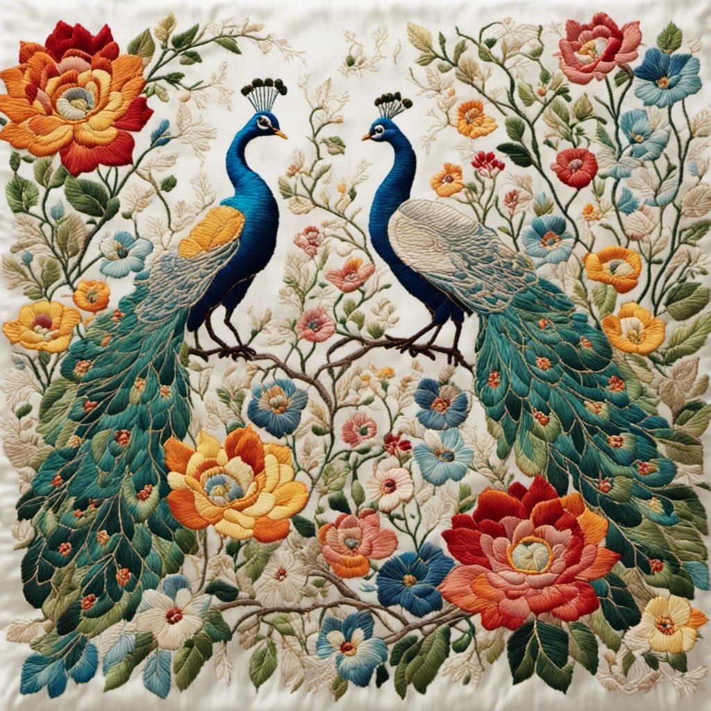 Embroidered Silk Peacock Among Flowers