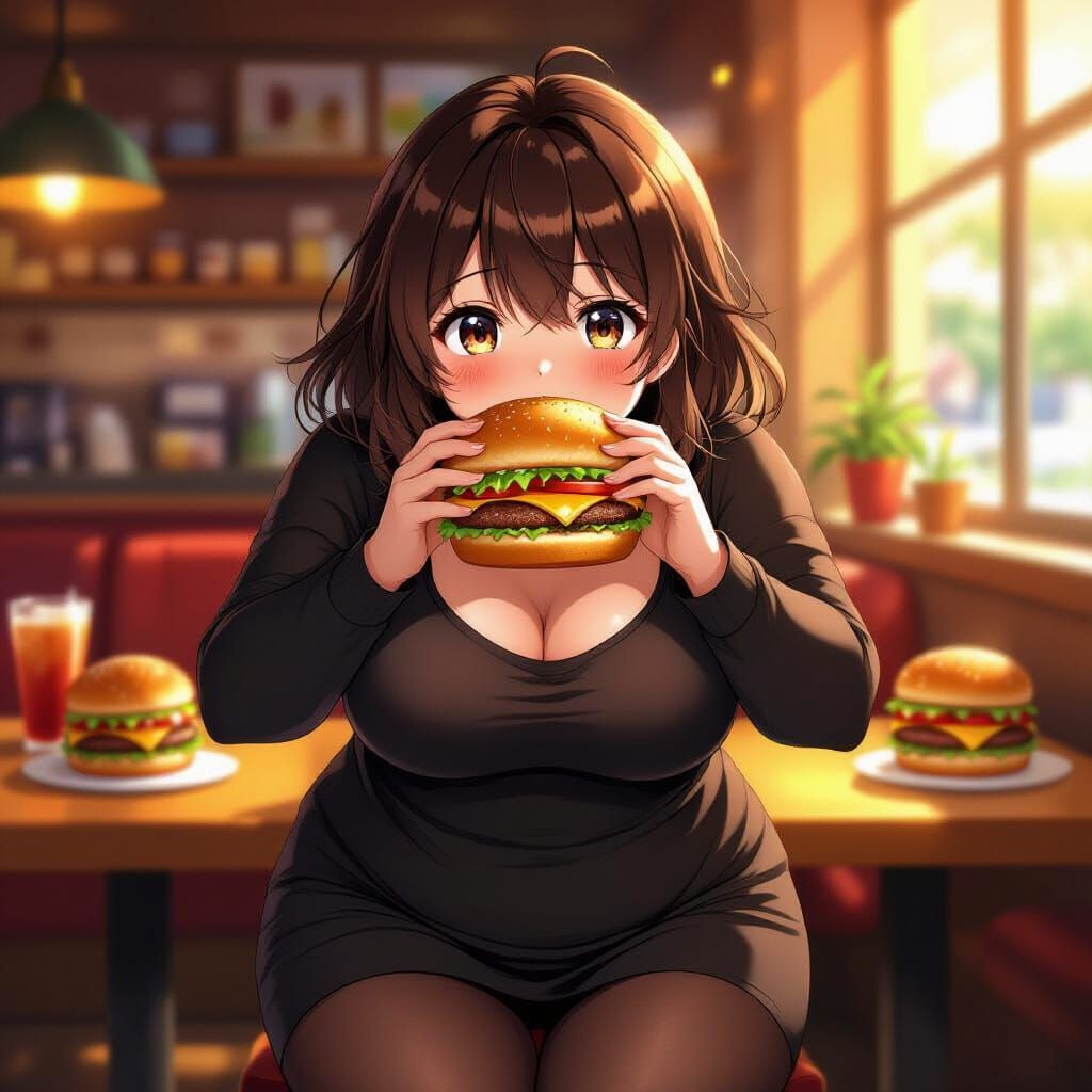 Anime Girl Devouring Burgers in Golden Hour Light
