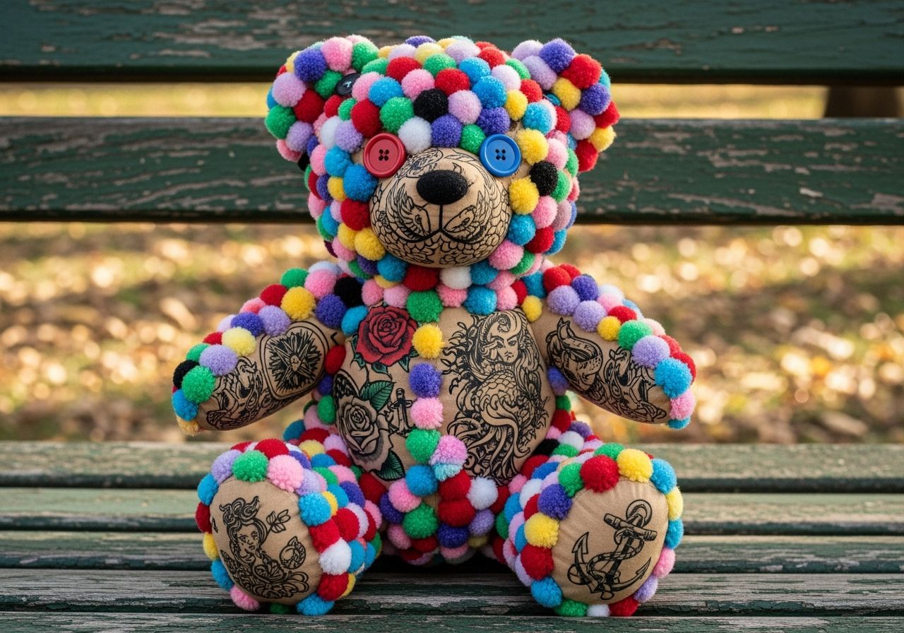 Colorful Pom-Pom Teddy Bear with Tattoos on Park Bench