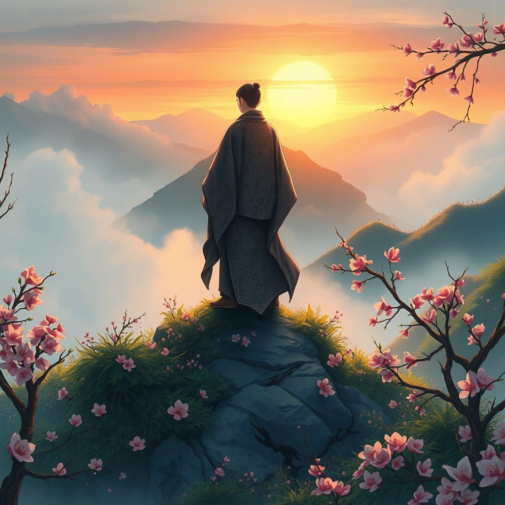 Mystical Dreamer Amidst Blossoming Paradise in Whimsical Wat...