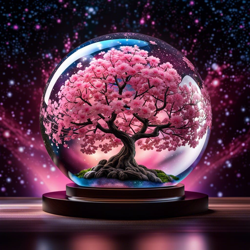 Sakura Tree Encased in Glass Sphere with Galaxy