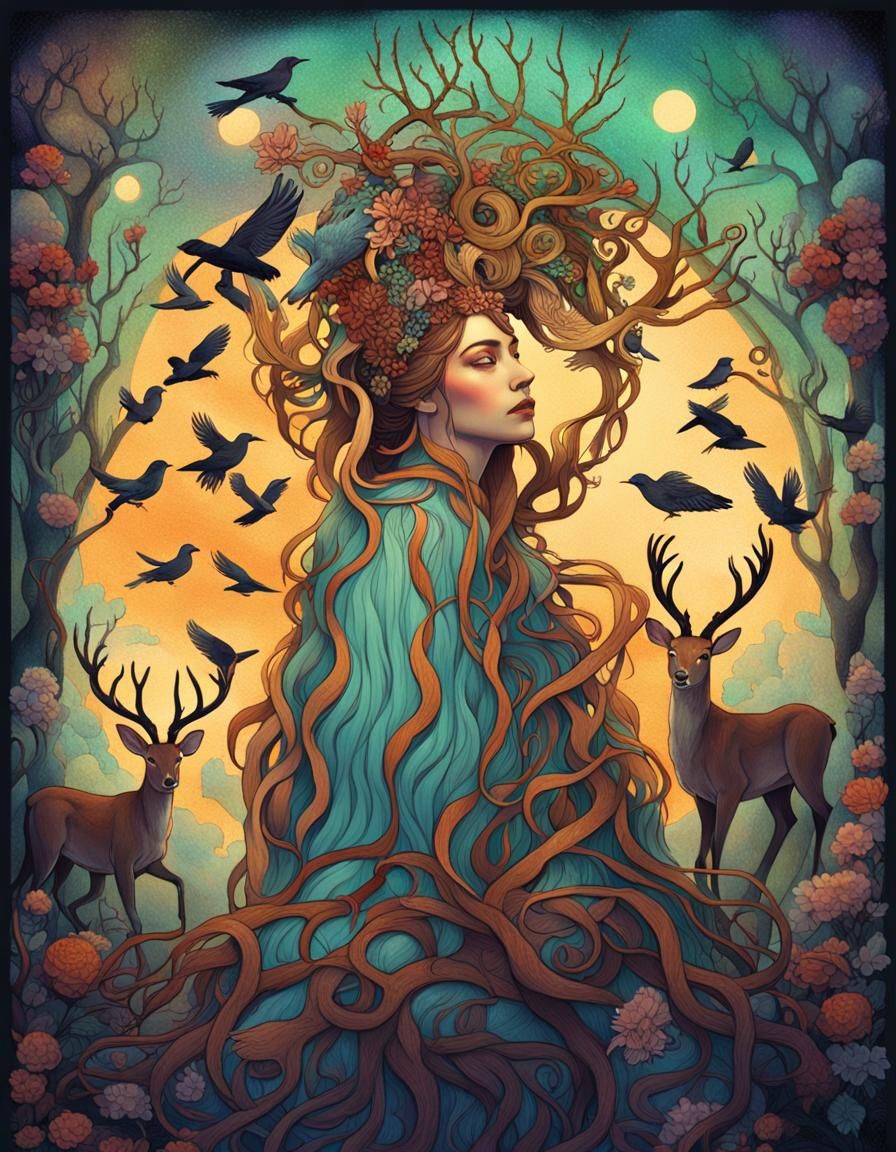Pagan Woman Portrait with Roots and Fauna