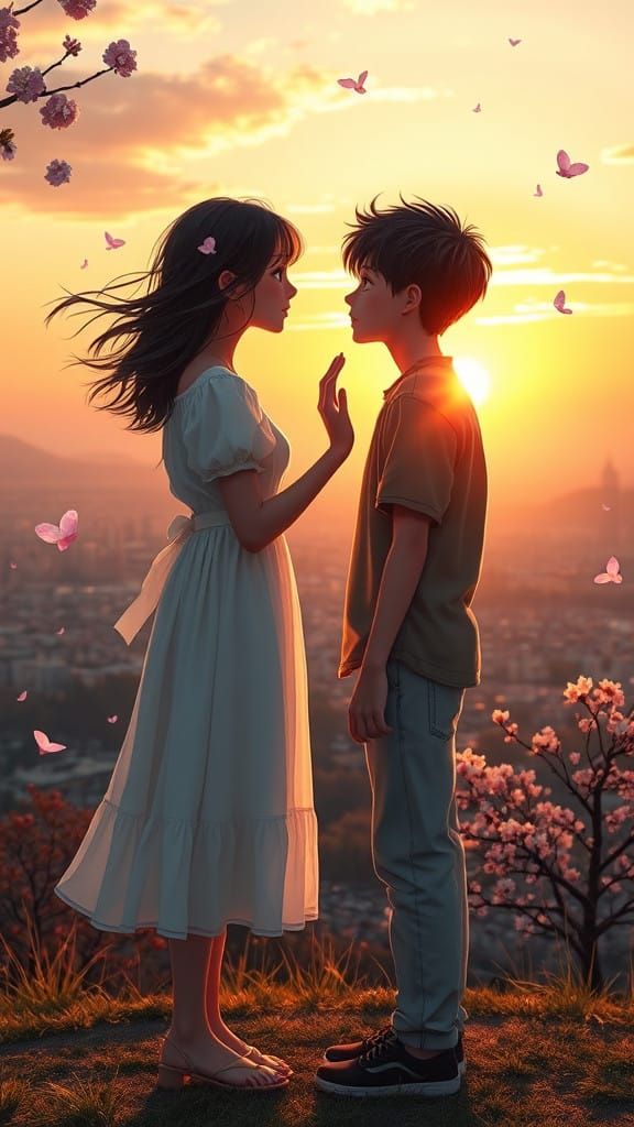 Dreamy Sunset Moment of Intimacy on a Quiet Hill