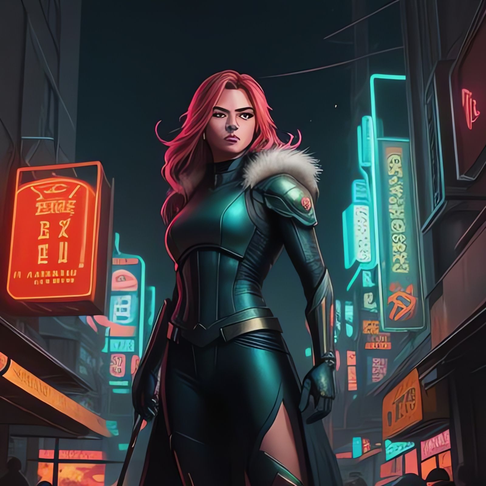 Coruscant Woman in Neon Cityscape: Comic Book Style