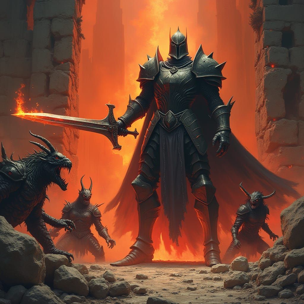 Hellish Knight Fights Demons with Flaming Sword