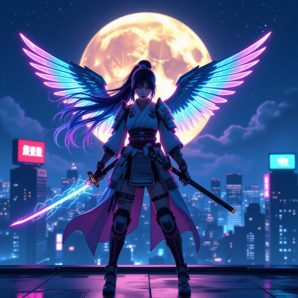 Anime Girl With Neon Wings On Tokyo Rooftop