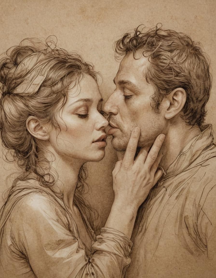 Romantic Kiss in Pen and Ink with Sepia Tones