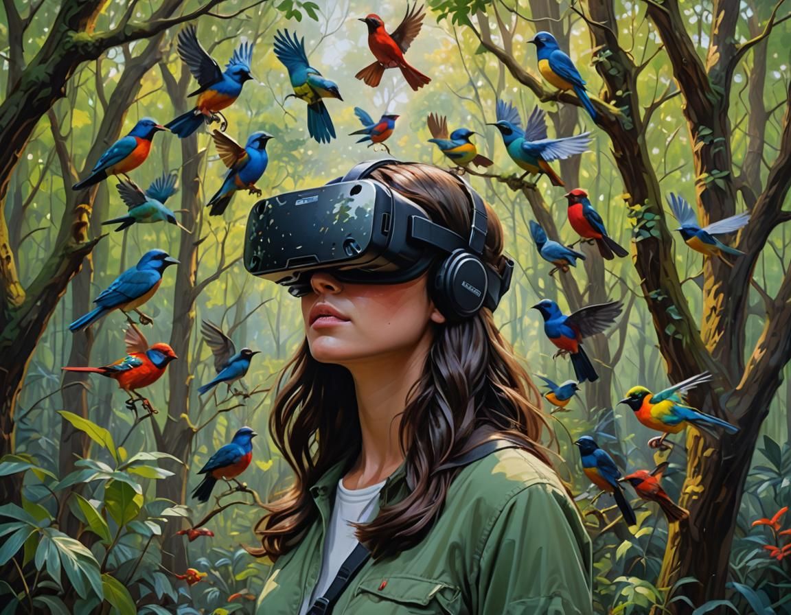 Brunette Girl Immersed in Virtual Forest, Oil Painting