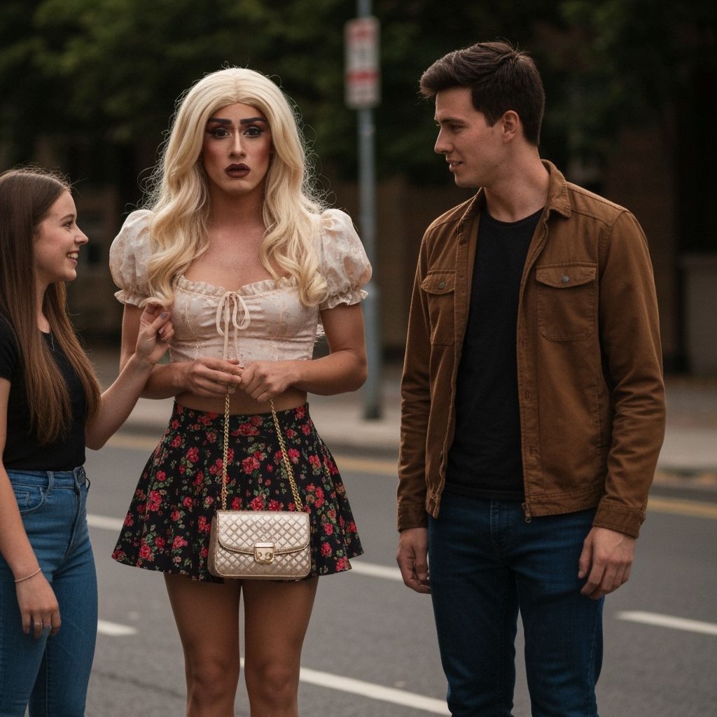 Crossdressing Man Worried on Street in Cinematic Style