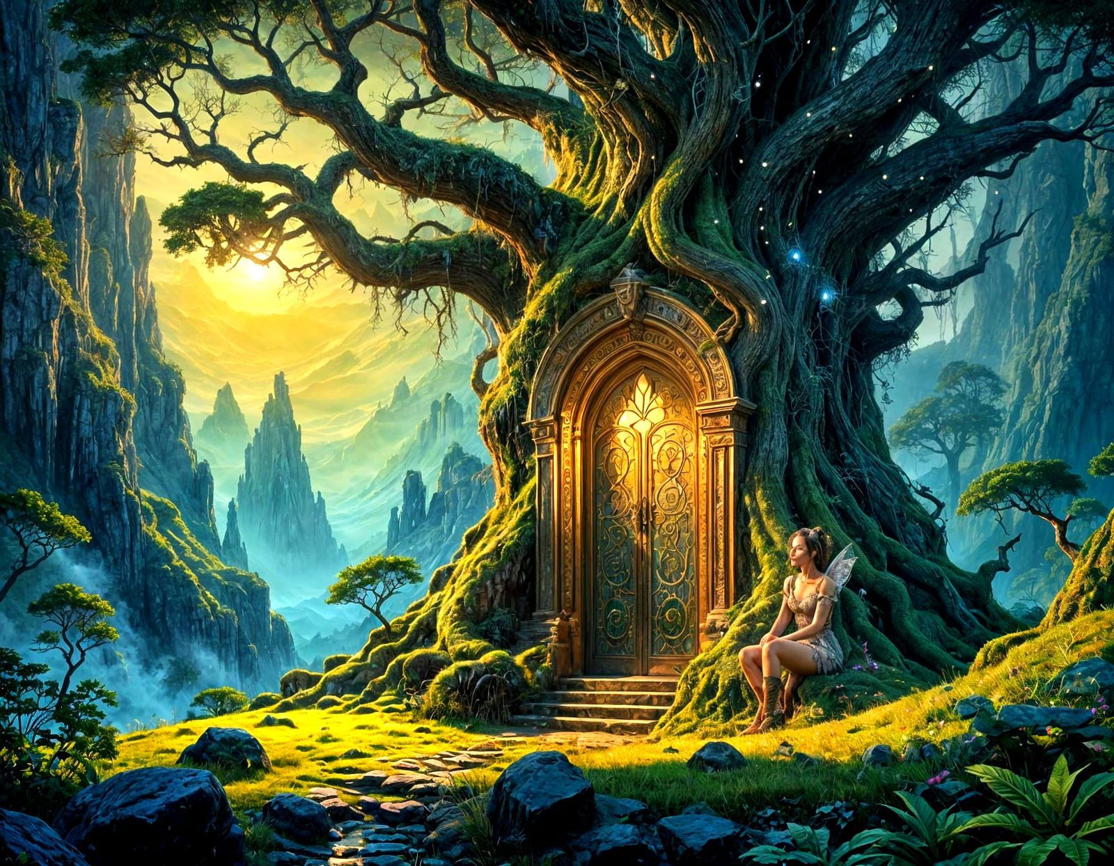 Fairy at Ornate Tree Door: Pointillist Gothic Fantasy