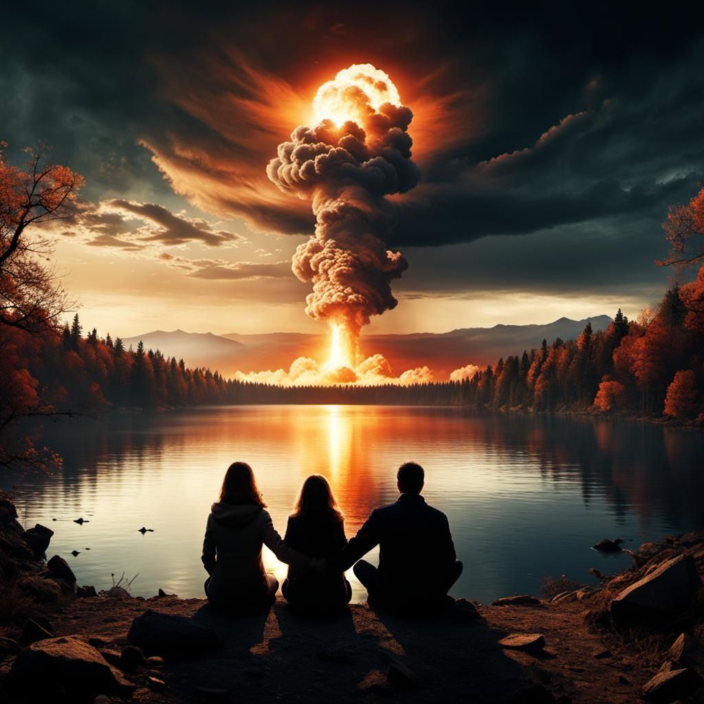 Apocalyptic Silhouette: Couple Gazing at Nuclear Horizon