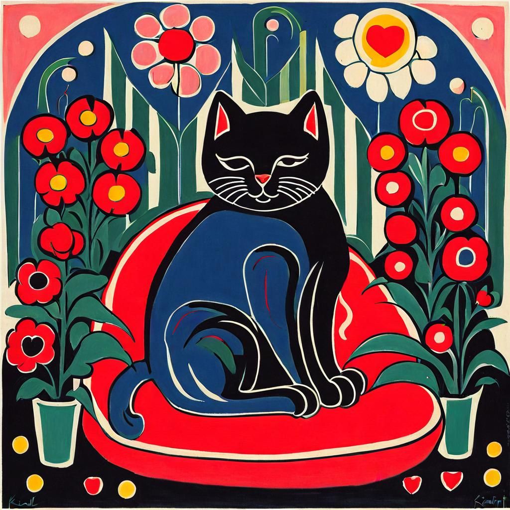 Expressive Cat Portrait with Flowers in Expressionist Style