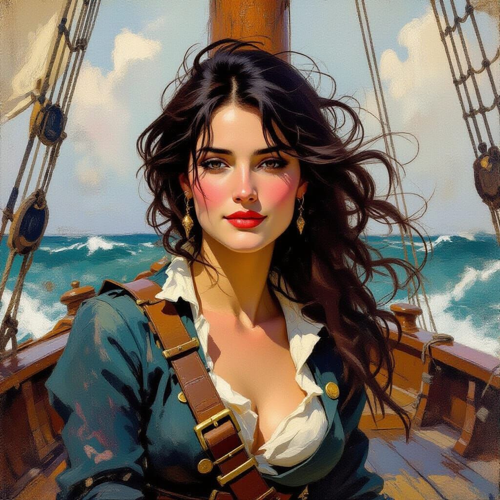 Winslow Homer Style Oil Portrait of a Roguish Pirate Woman