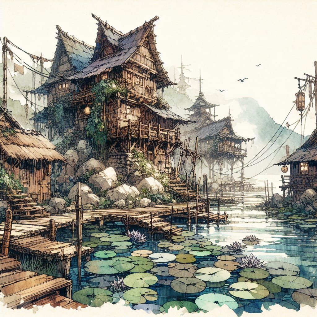 Fantasy Lily Pad Village in Anime Watercolor Style