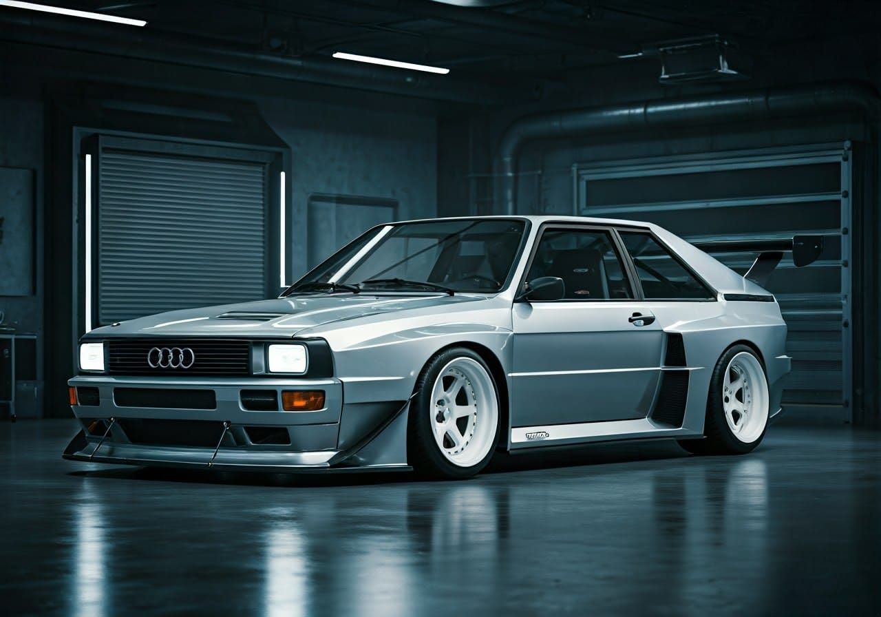 Sleek Audi Quattro Widebody in Modern Garage Scene