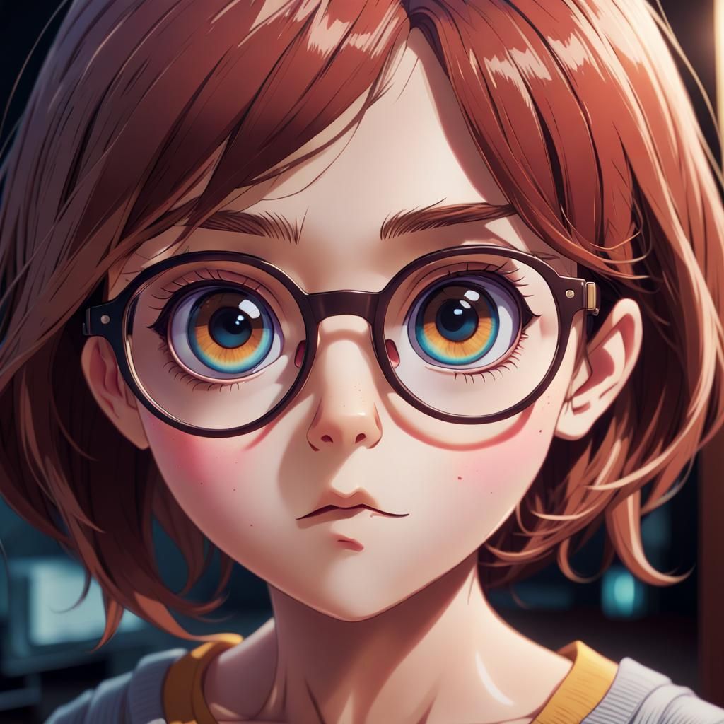 Big eyed anime character wearing glasses that magnify her eyes even more cinematic high resolution realistic skin sharp ...