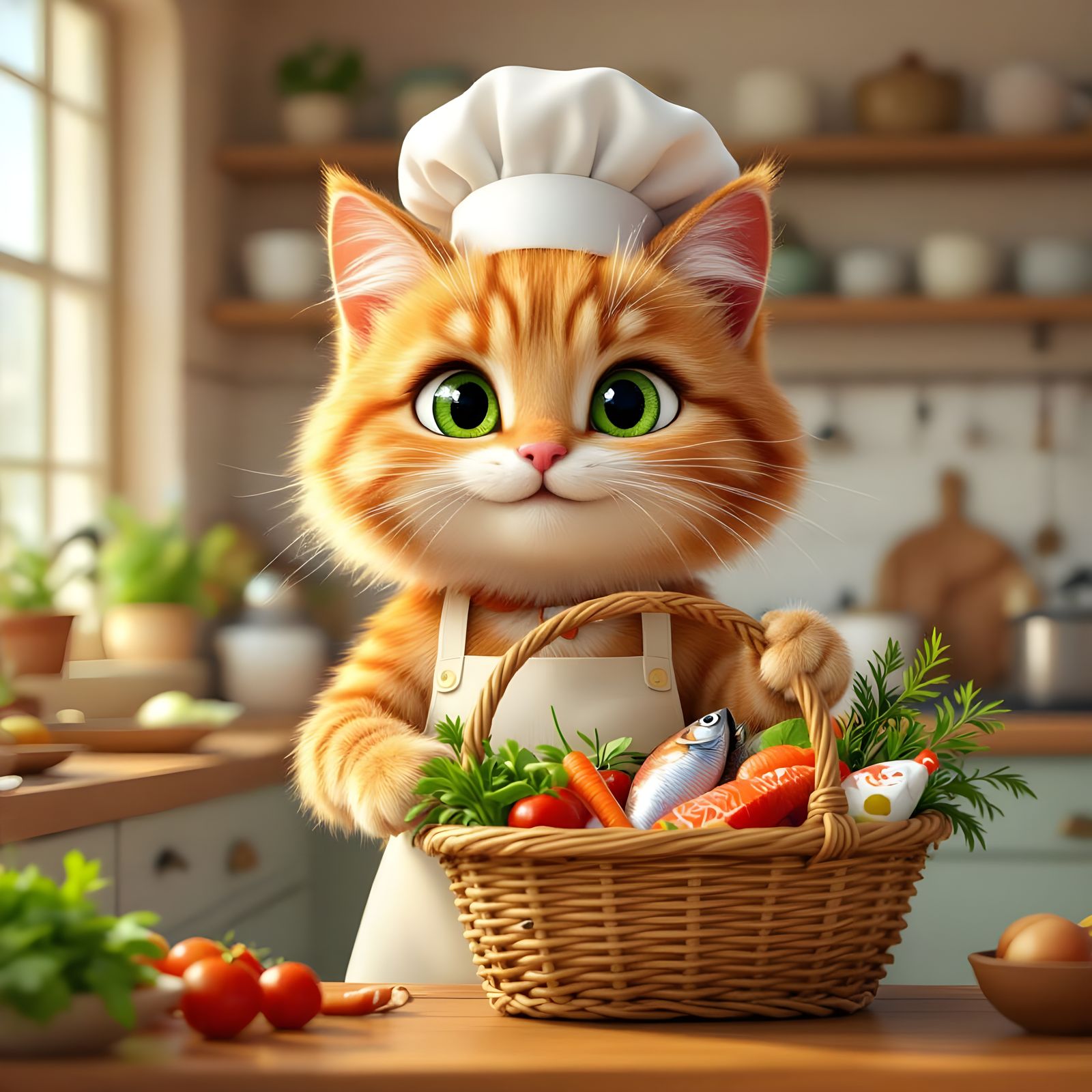Chef Cat in Kitchen: Pixar-style 3D Render