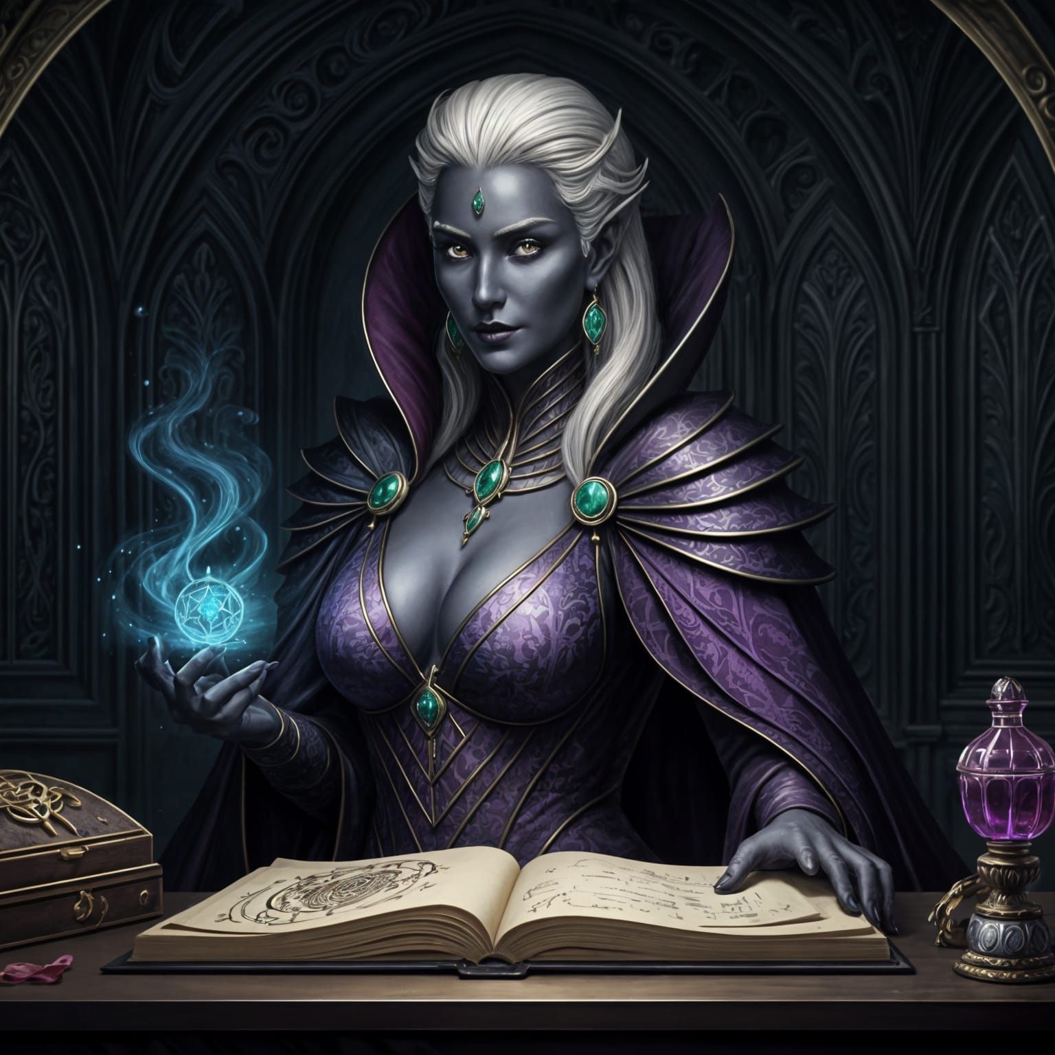 Elegant Drow Merchant in Underground Boutique