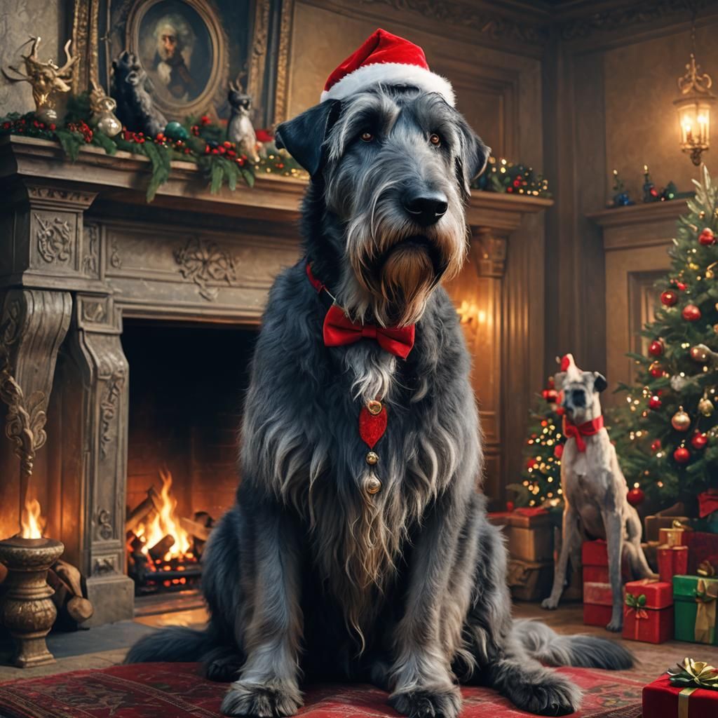 Festive Irish Wolfhound in Cozy Christmas Mansion