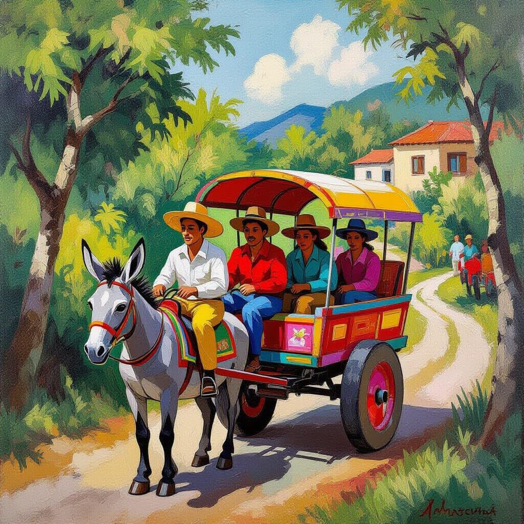Colorful Donkey Cart Ride in Rustic Folk Art Style