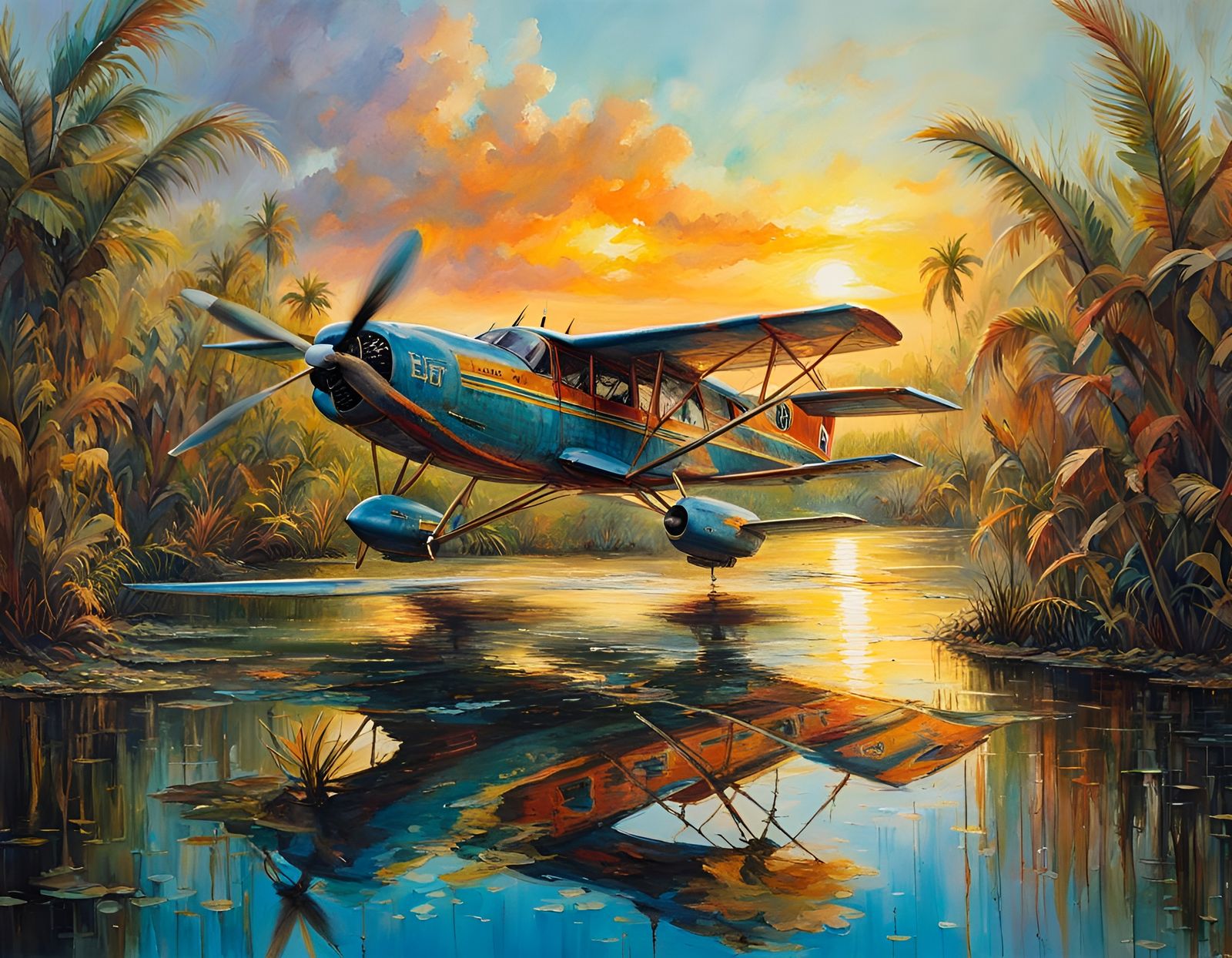 Plane Lands in Everglades: Waterhouse-Style Watercolor