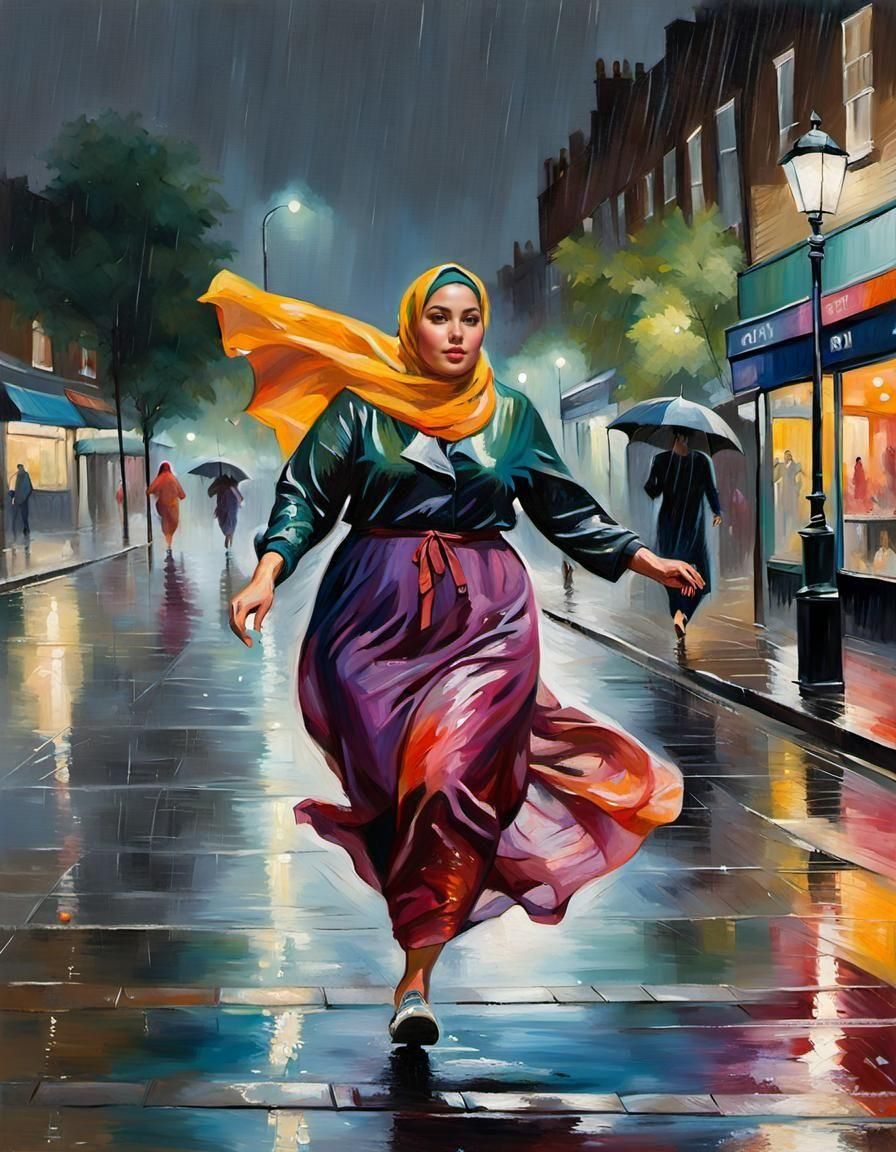 Woman in Hijab Running in Rainy London, Oil Painting