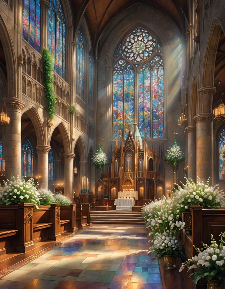 Ethereal Cathedral Interior with Canterbury Bells