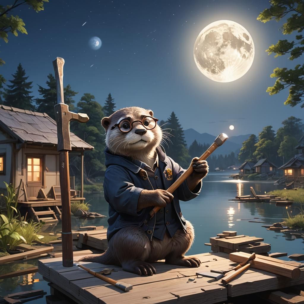 Otter Architect Building House in Anime Art Style