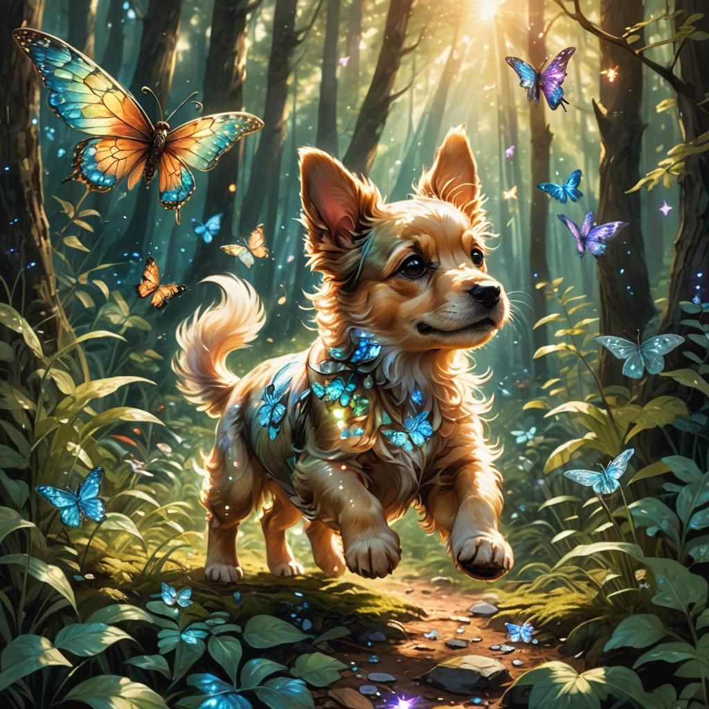 Puppy and Crystal Butterfly in Whimsical Forest