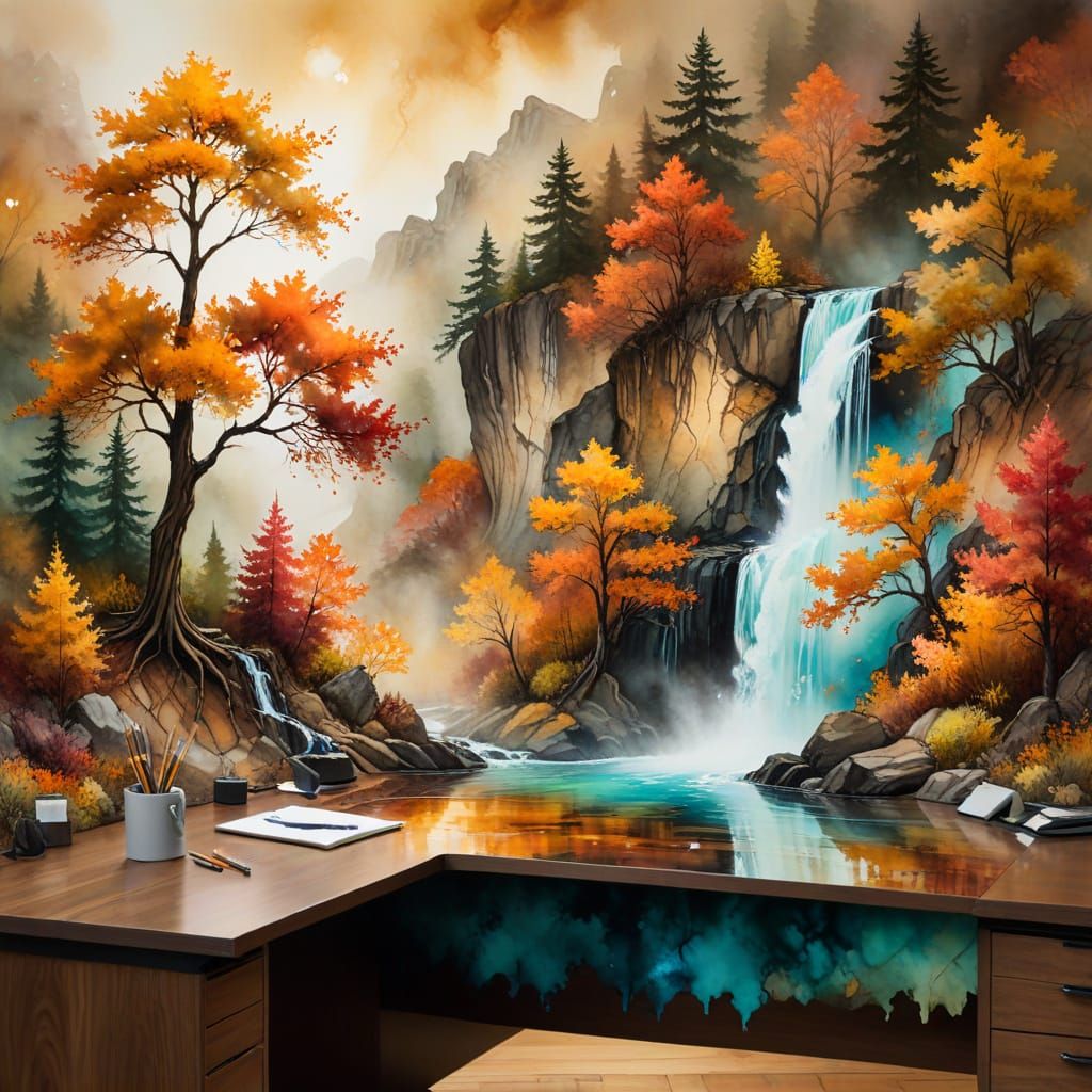 Ethereal Alcohol Ink Autumn Waterfall Scene