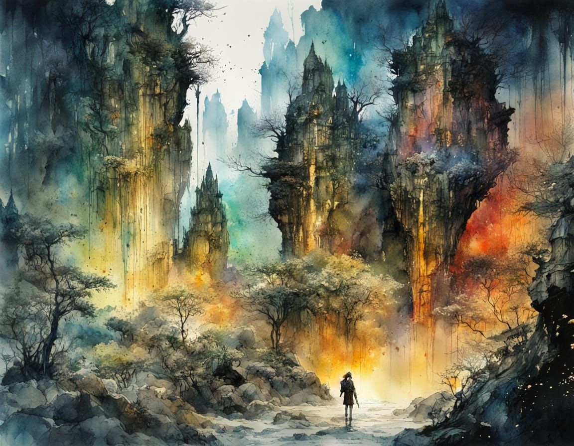 Mystical Stone Forest Landscape in Watercolour Ink Style
