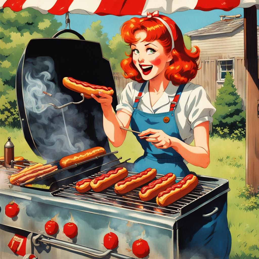 Vintage Pin-Up Redhead Cooks Hotdogs, Anime Style