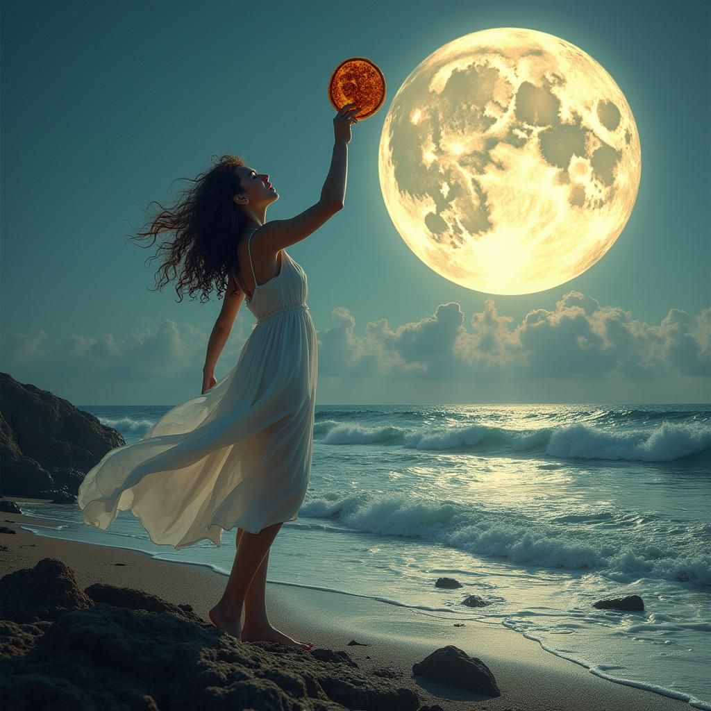 Woman Worshipping Moon on Beach in Art Nouveau Style