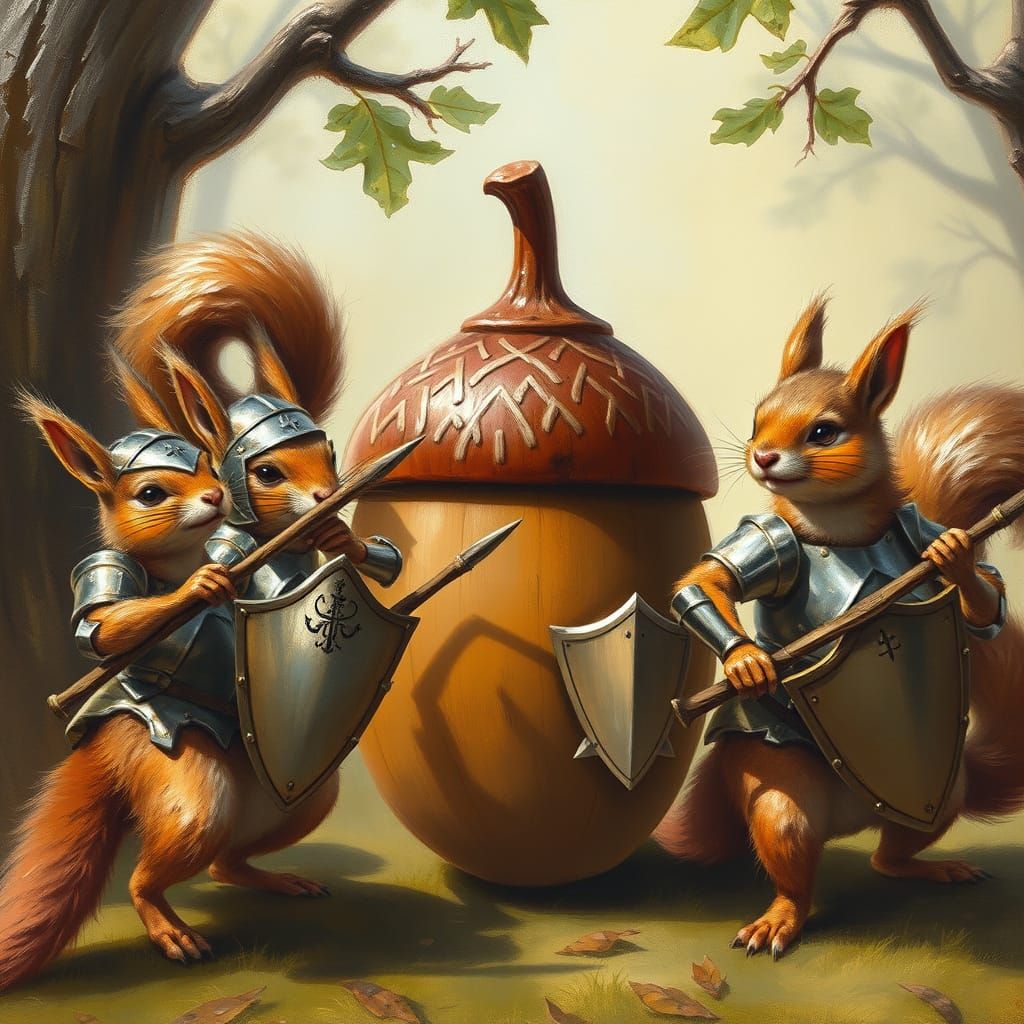 Squirrel Knights Siege Giant Acorn in Oil Painting Style