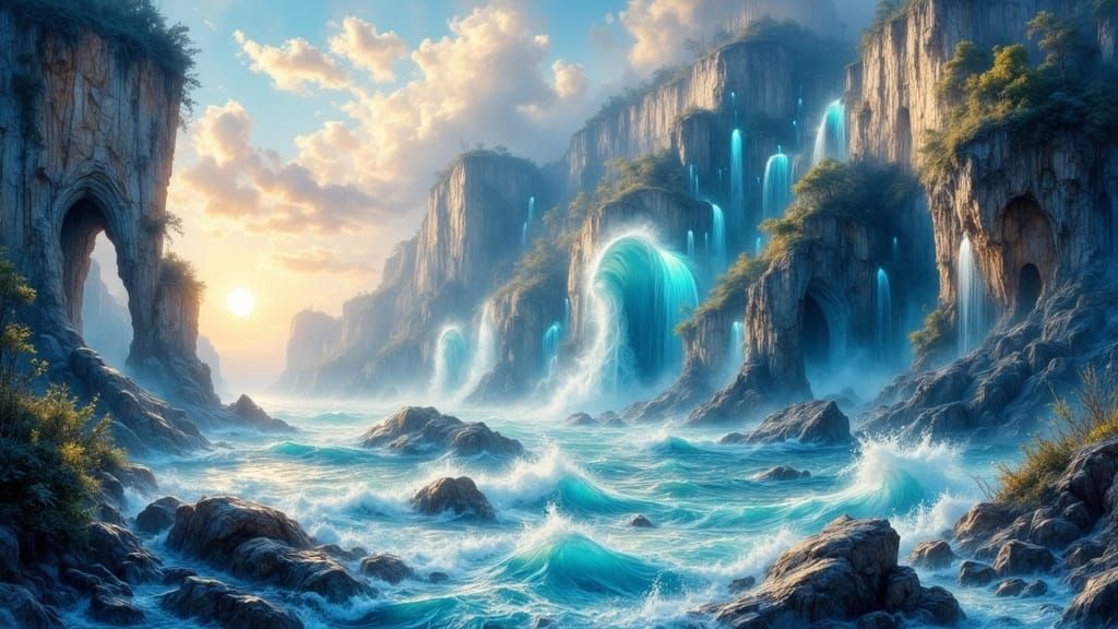 Surreal Coastal Cliffside with Bioluminescent Ruins as Impas...