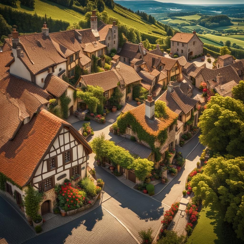 Picturesque European Village Aerial View in Matte Painting S...