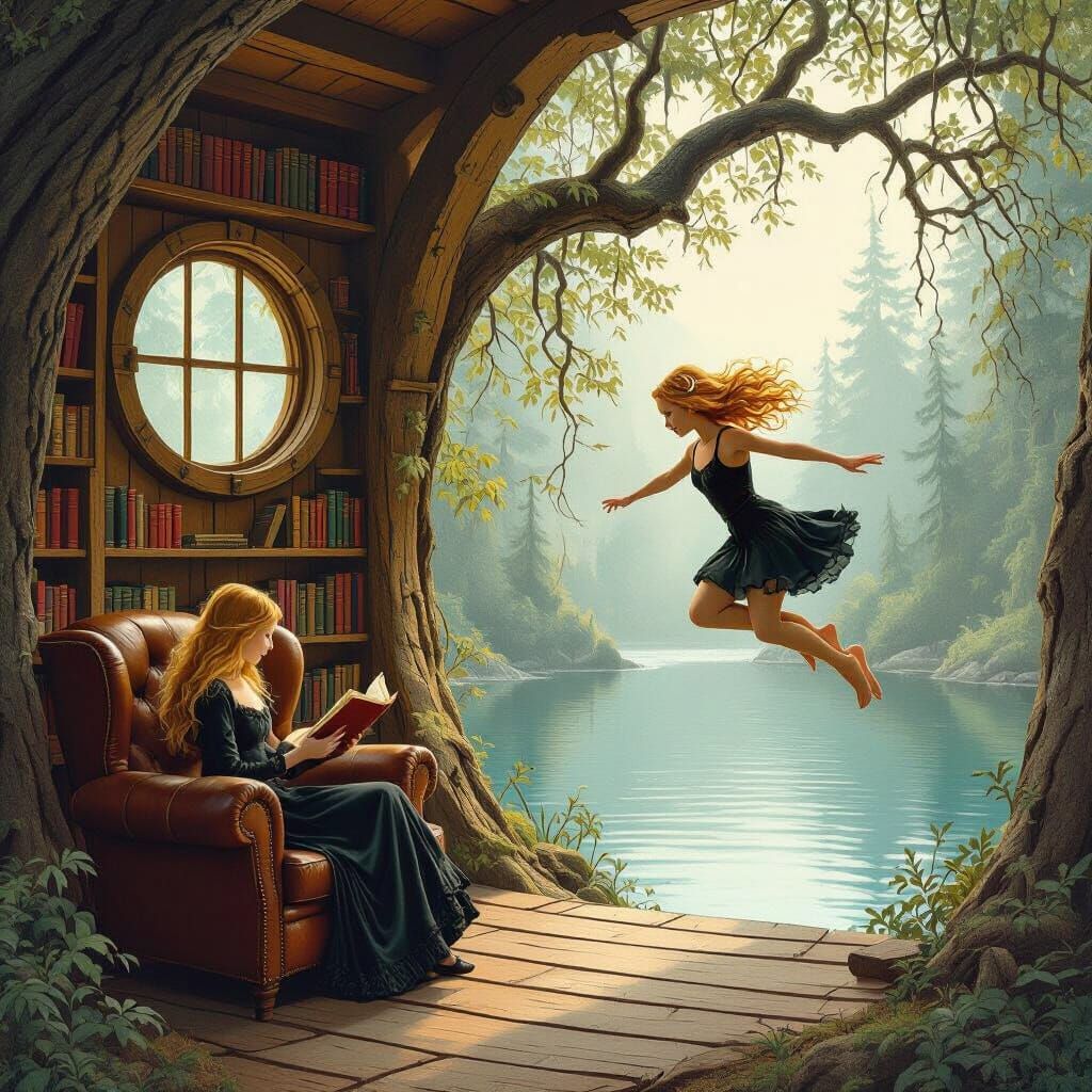 Cozy Treehouse Reading Nook in Misty Forest