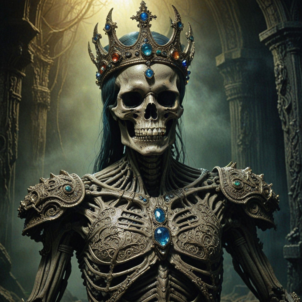 Skeletal King in Vibrant, Misty Regalia
